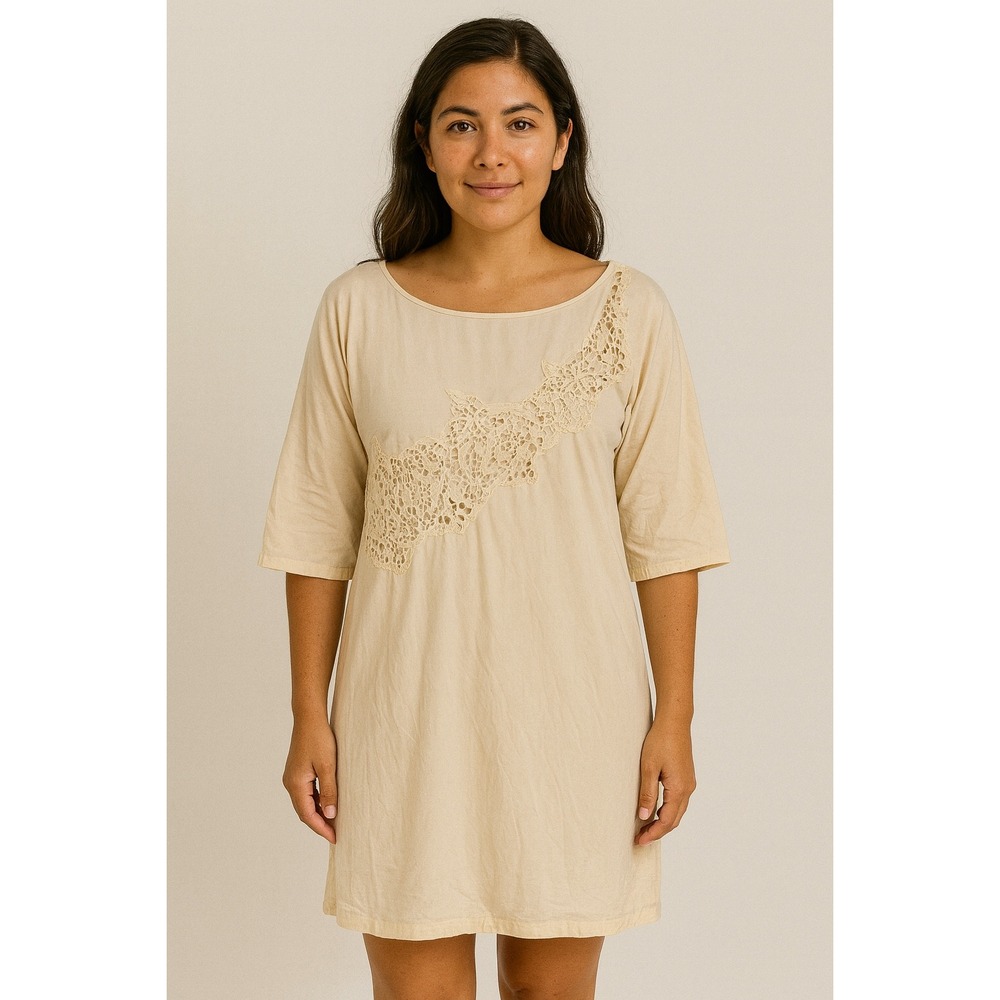 Farinelli Lace Detail Dress Cream‎ Beige Semi Sheer Boho Tunic Women's S